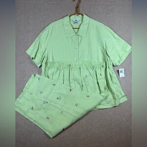 AKS Amy KSU Set 2X Green fashionista Embroidered Short Sleeve Button Up & Pants